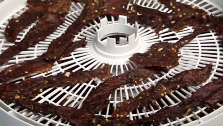 thai jerky marinaded with lemon grass on a white dehydrator tray